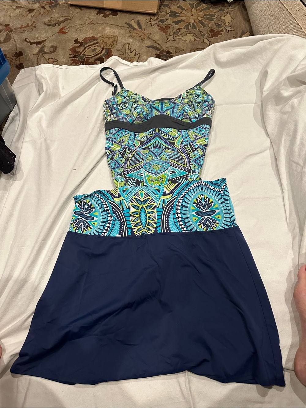 Title Nine women’s Large  Geometric One-Piece Swimsuit with matching skirt